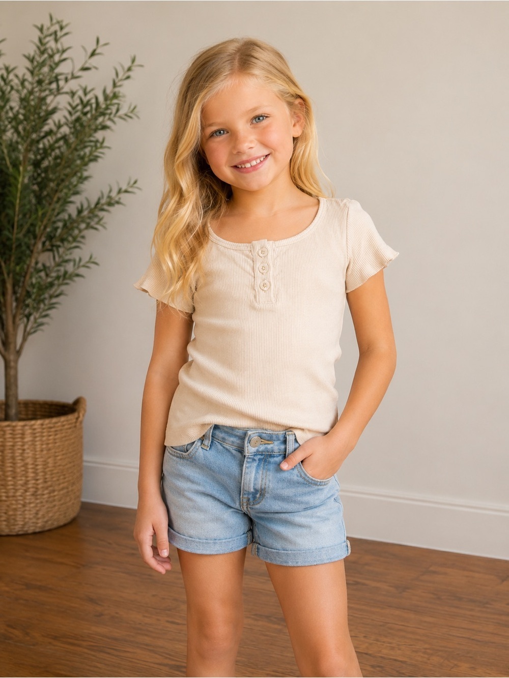 Jessica Simpson • NWT Cream Short Sleeve Ribbed Henley Top